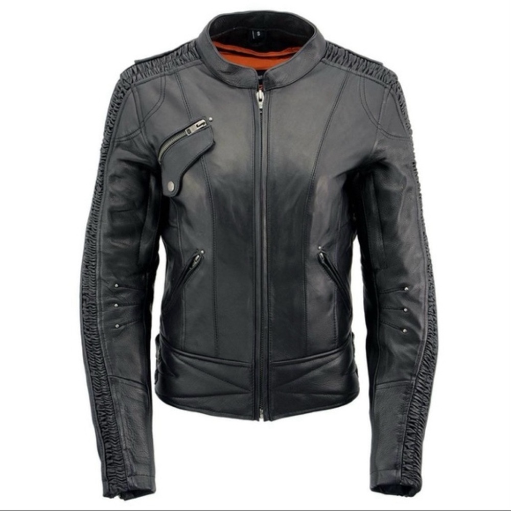 Milwaukee Leather Jacket JMLL2571 Black Crinkled Arm Motorcycle Bomber Goatskin